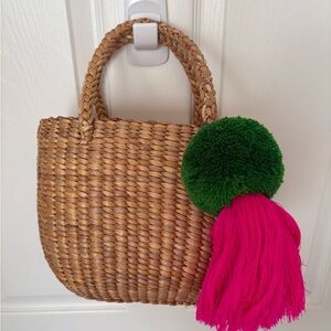 Woven Straw Mini Tote with Green and Pink Pom Pom